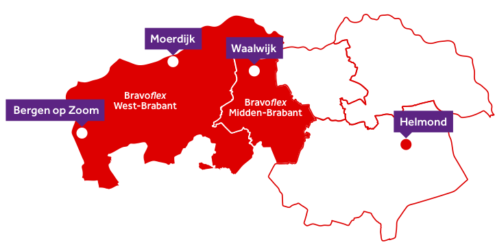 Kaart met weergave van de Bravoflex locaties