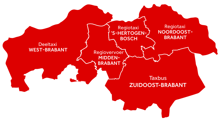 Kaart gebieden vijf regiotaxi's